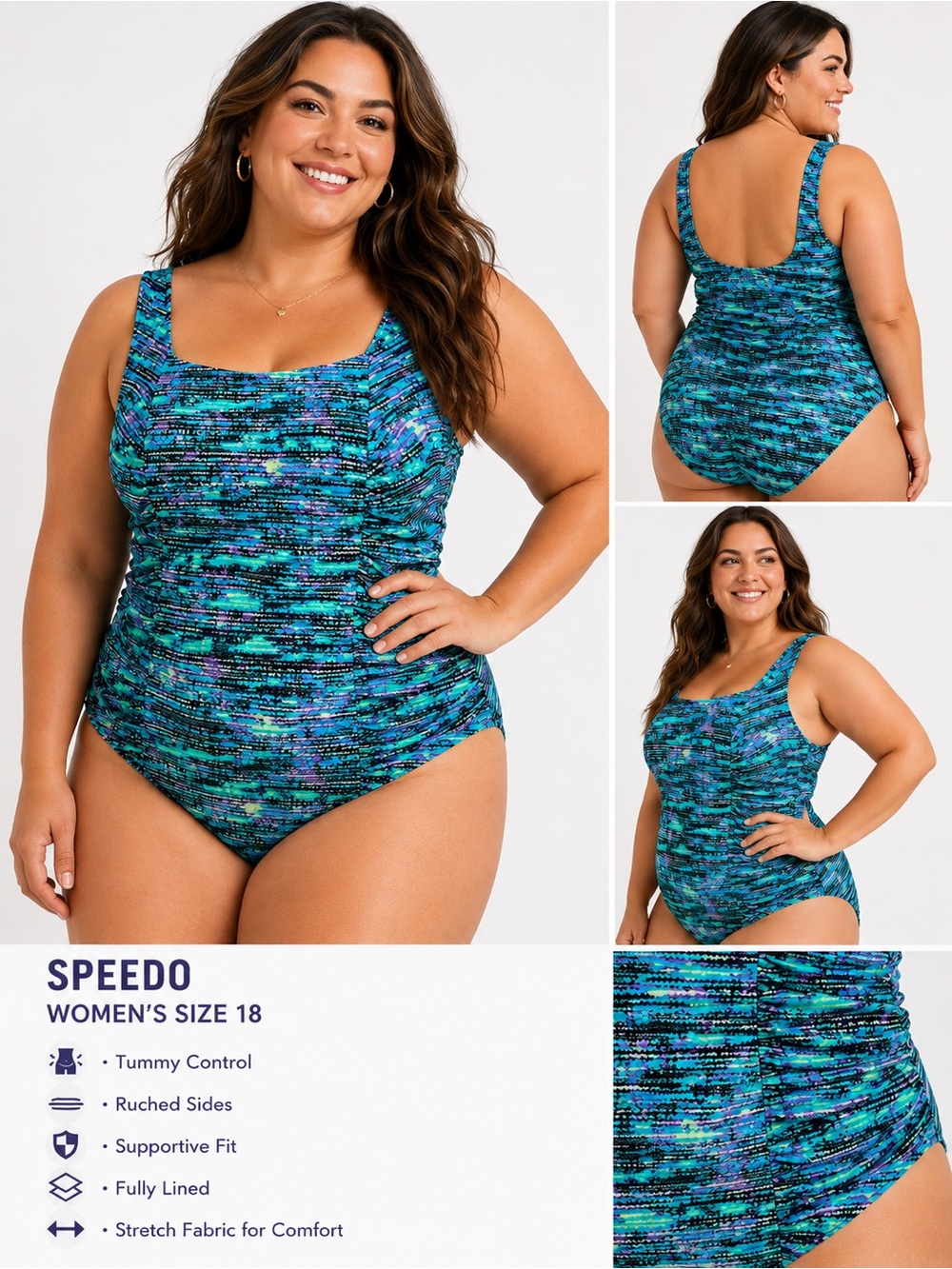 Speedo Women’s One Piece Swimsuit Size 18 Blue Purple Ruched Tummy Control